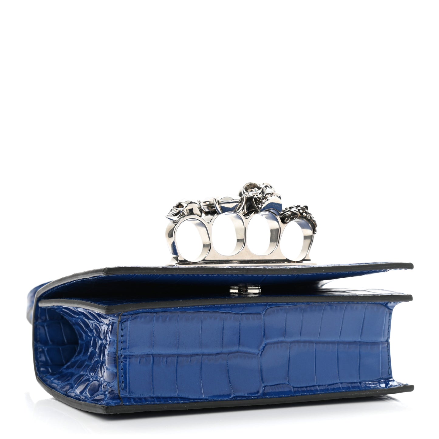 Calfskin Crocodile Embossed Knuckle Shoulder Bag Blue
