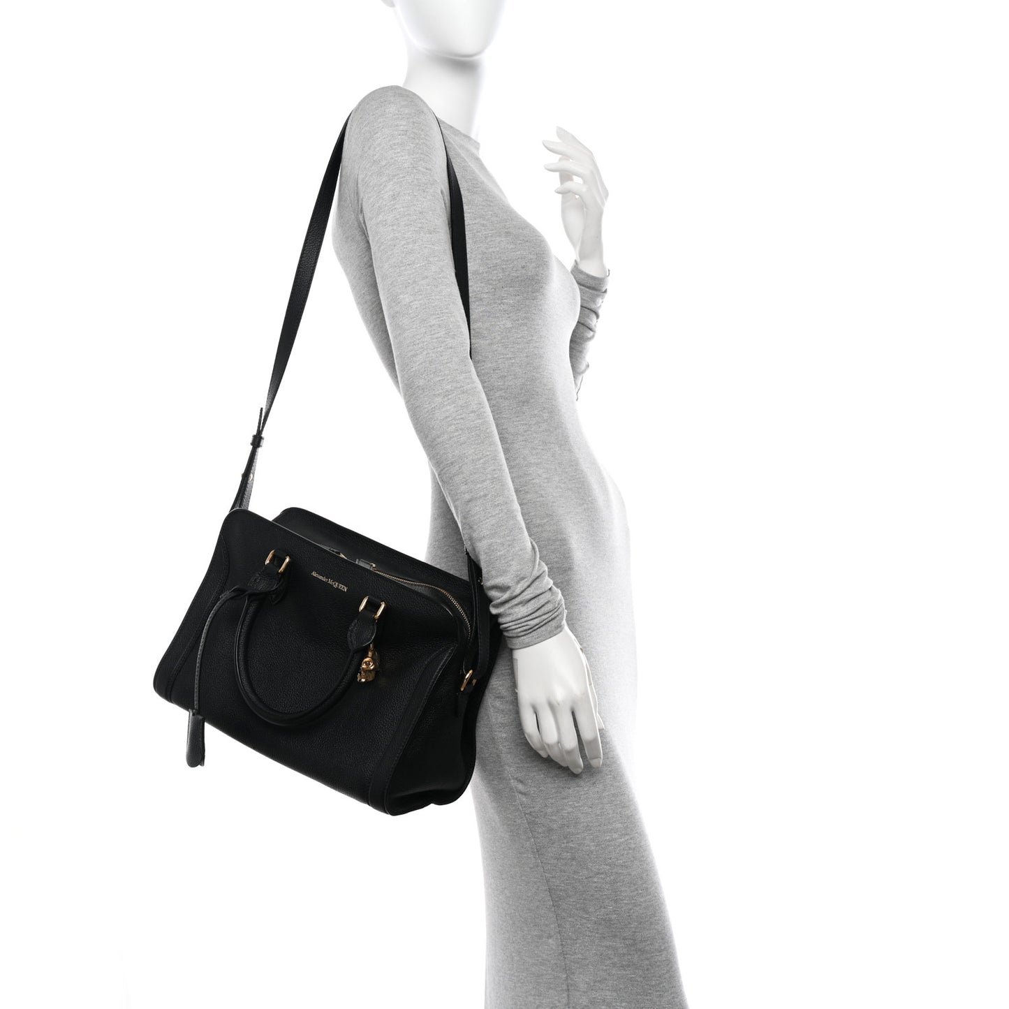 Pebbled Calfskin Small Skull Padlock Zip Around Tote Black