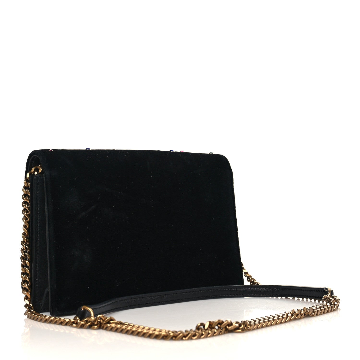 Saint Laurent Velvet Crystal Embellished Monogram Kate Chain Wallet Black 3 of 6