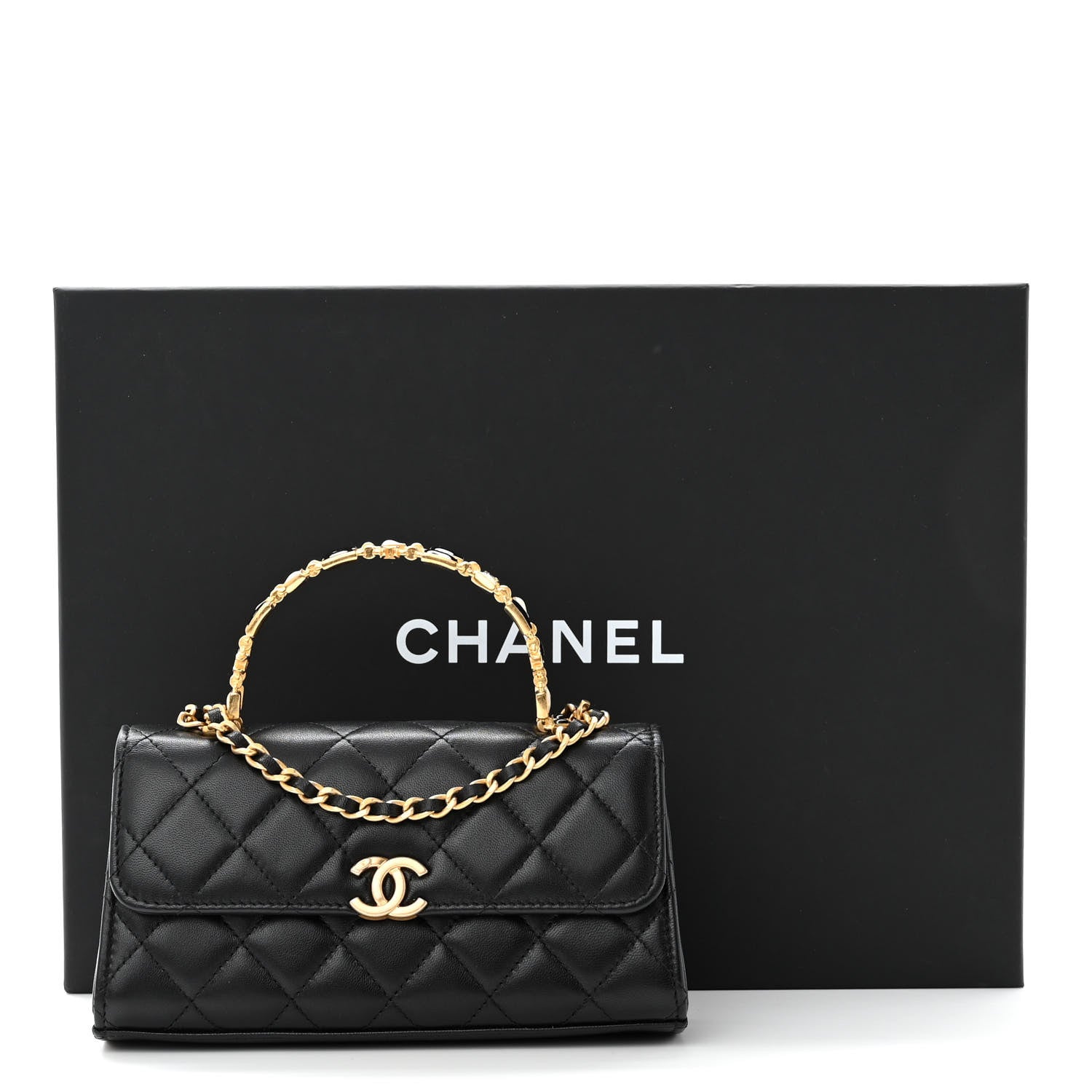 Chanel Lambskin Enamel Quilted Top Handle Flap Phone Holder With Chain Black 11 of 11
