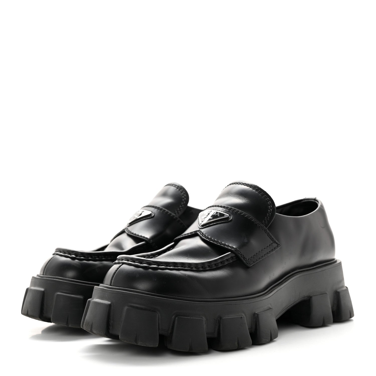 Prada Spazzolato Rois Metal Triangle Logo Mens Monolith 60mm Loafers 6 Black 3 of 15