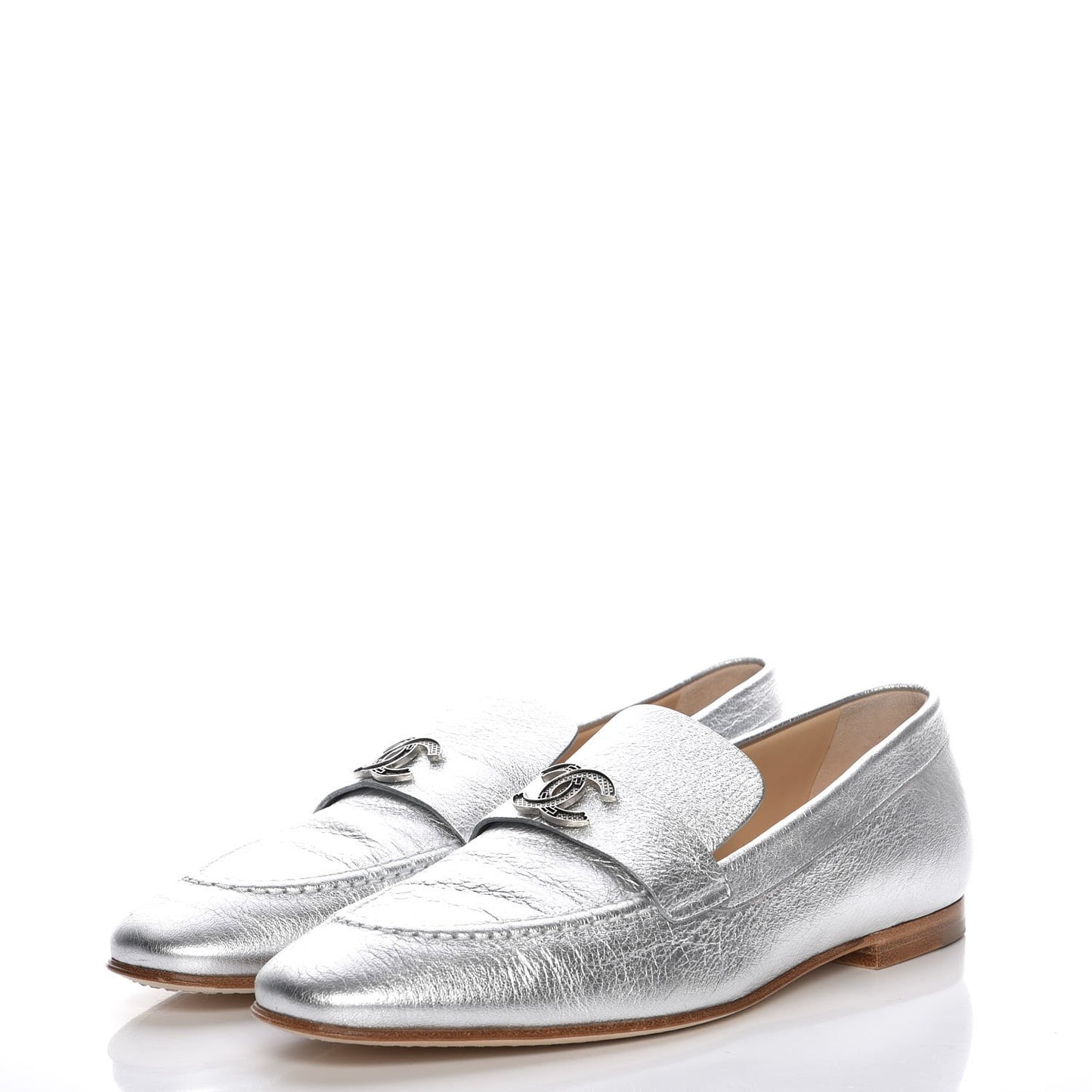 Crackled Goatskin Laminated CC Loafers 39 Silver