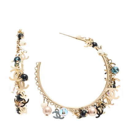 Chanel Crystal Bead CC Charm Hoop Earrings Gold Black Pink White 1 of 4