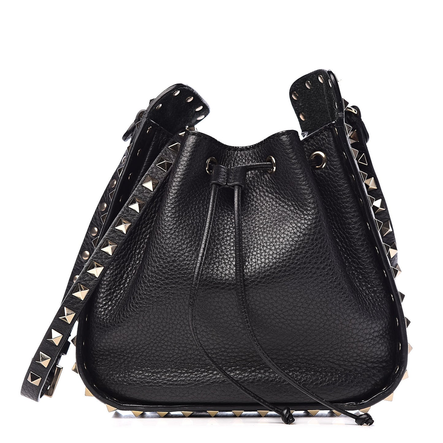 Grained Calfskin Rockstud Bucket Bag Black