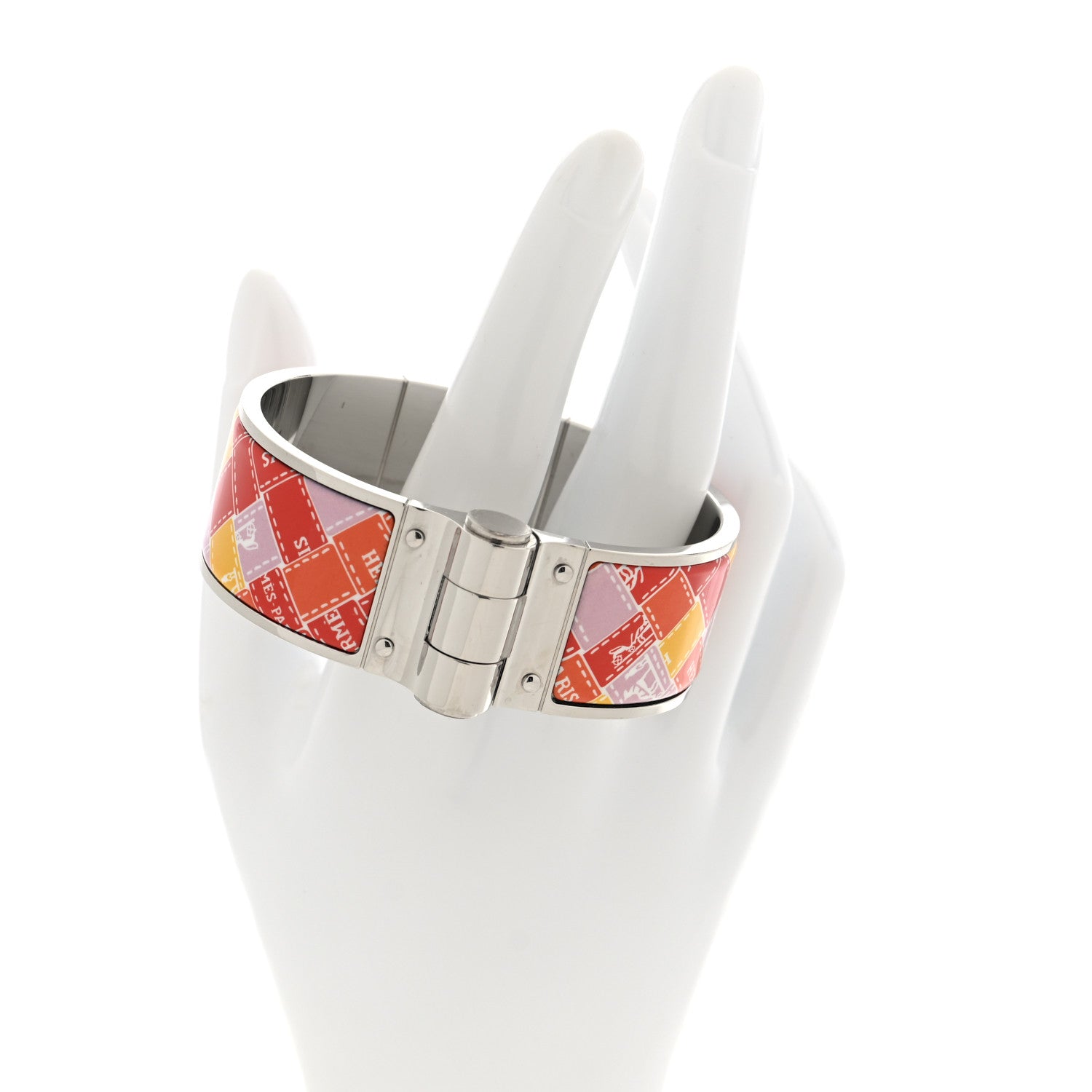 Hermes Enamel Printed Wide Square Bolduc Hinged Bracelet S Life In Orange 2 of 5
