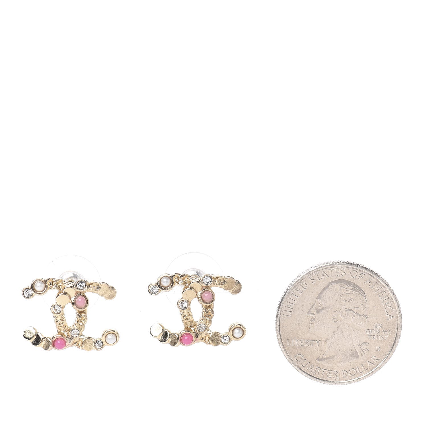 Chanel Crystal CC Earrings Gold Pink Multicolor Pearly White 2 of 5