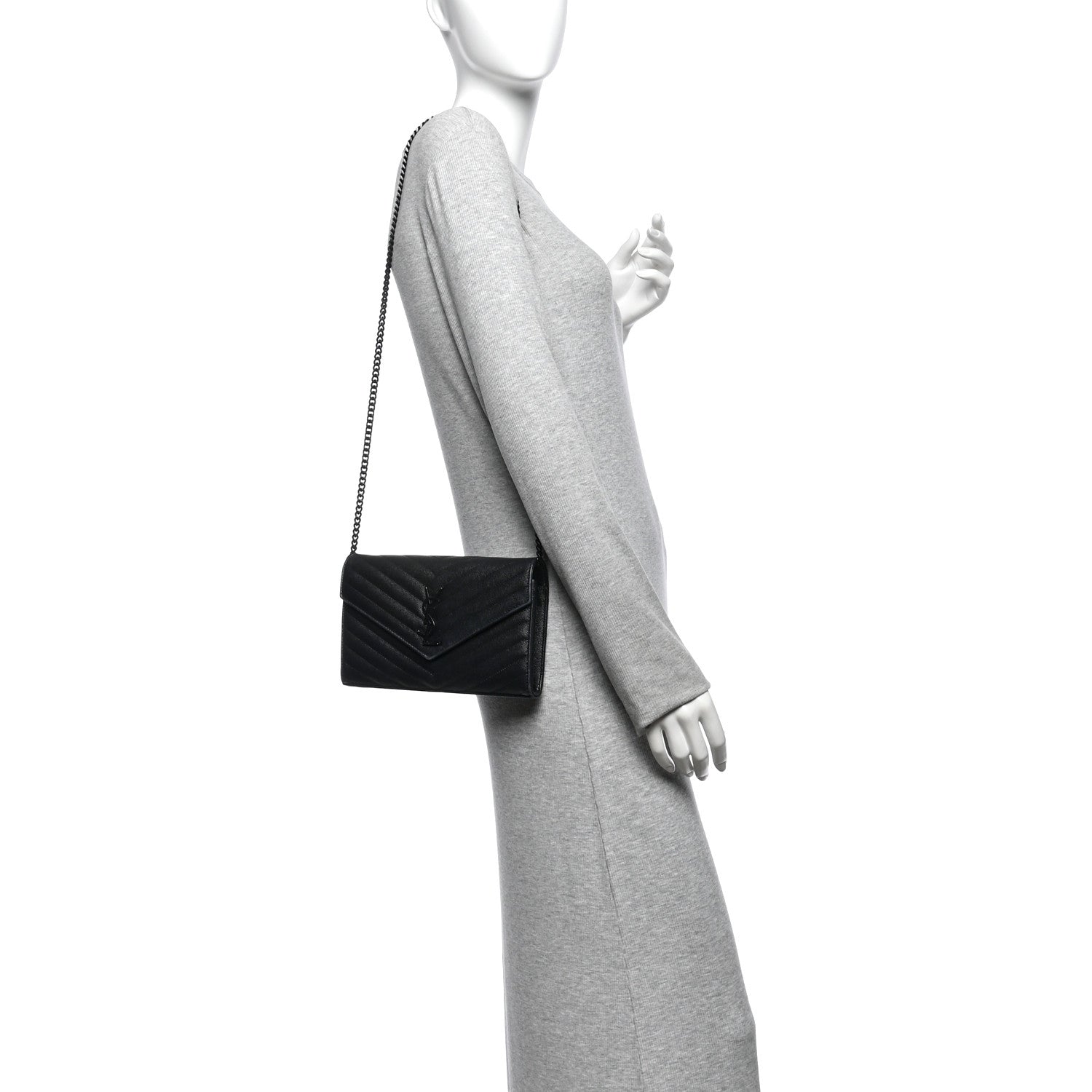 Saint Laurent Grain De Poudre Matelasse Chevron Monogram Monochrome Envelope Chain Wallet Black 2 of 10