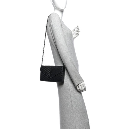 Saint Laurent Grain De Poudre Matelasse Chevron Monogram Monochrome Envelope Chain Wallet Black 2 of 10