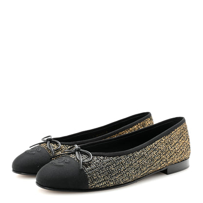 Chanel Tweed Grosgrain Cap Toe Ballerina Flats 39 Gold Black 4 of 10