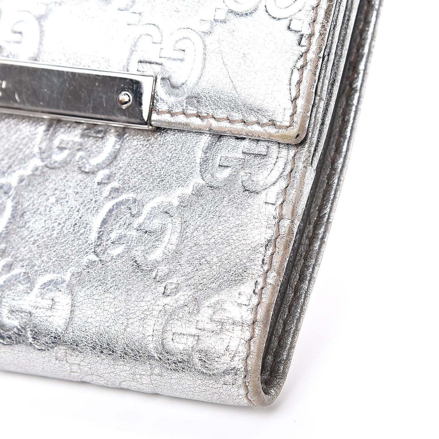 Metallic Guccissima Metal Bar French Flap Wallet Silver