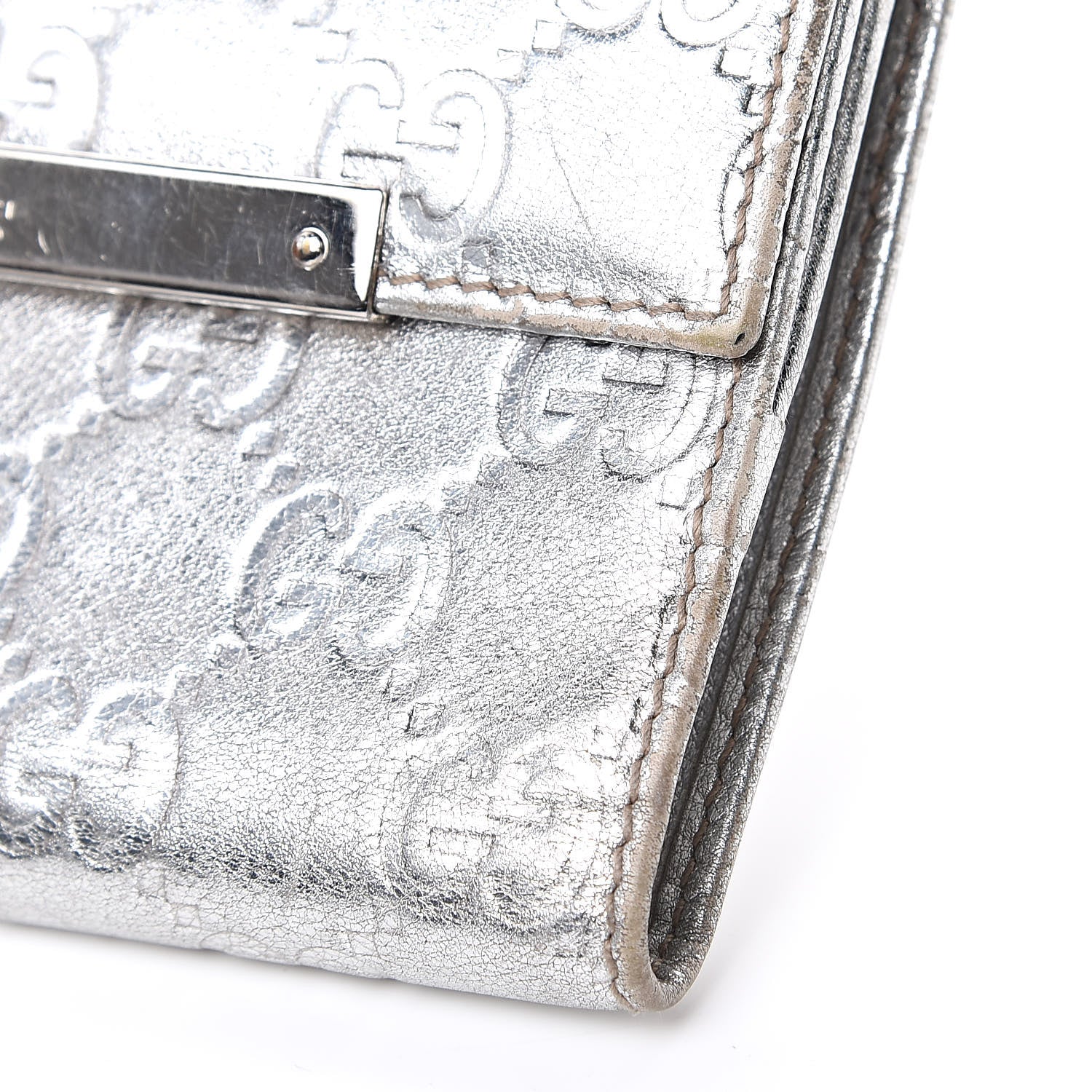 Gucci Metallic Guccissima Metal Bar French Flap Wallet Silver 9 of 13