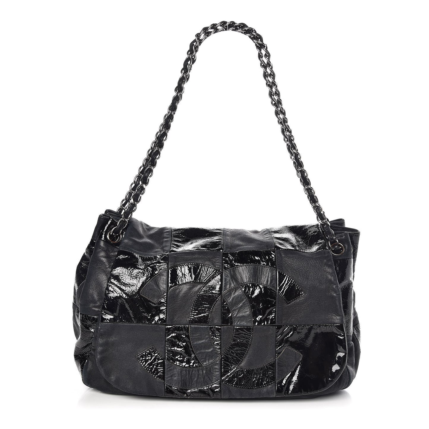 Lambskin Patent Calfskin Brooklyn Patchwork Flap Black