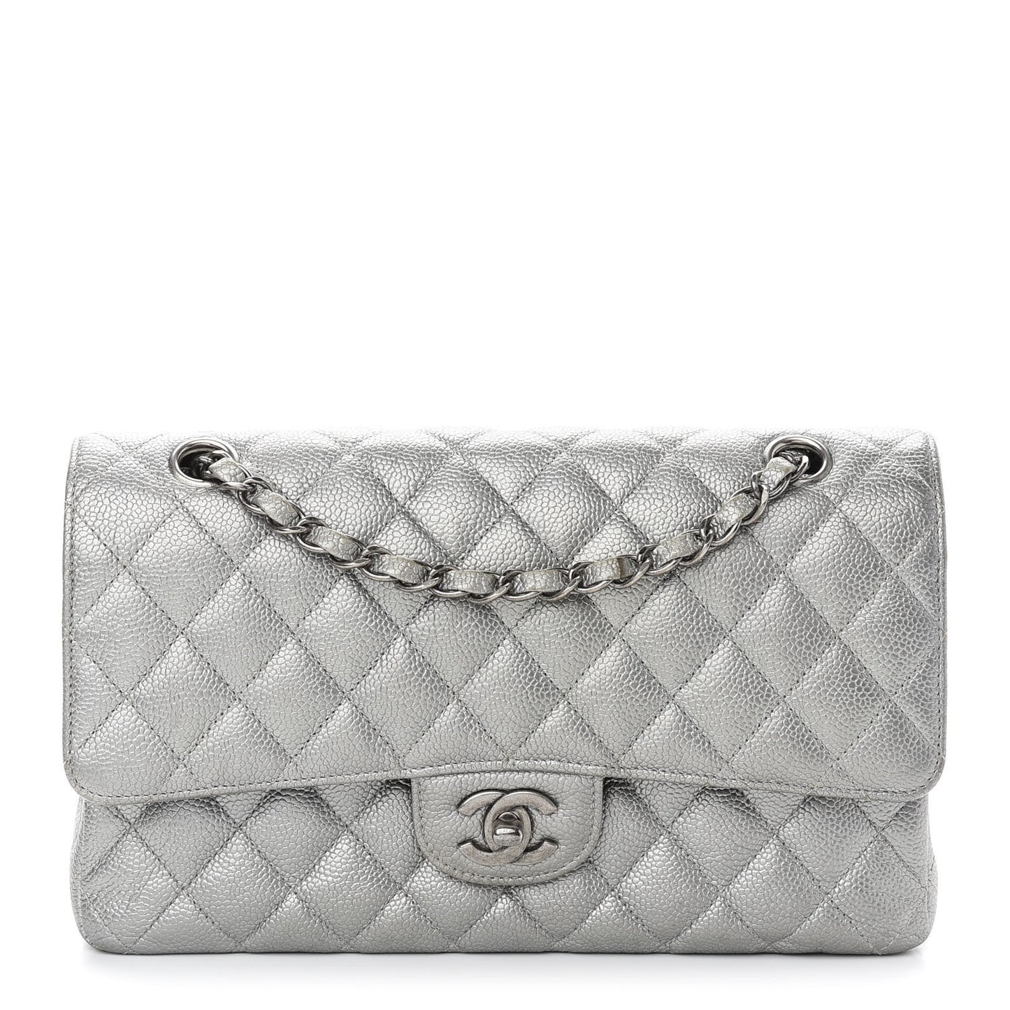 Metallic Caviar Quilted Medium Double Flap Silver