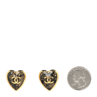 Chanel Metal Lace Resin Glass CC Heart Earrings Gold Black 5 of 10
