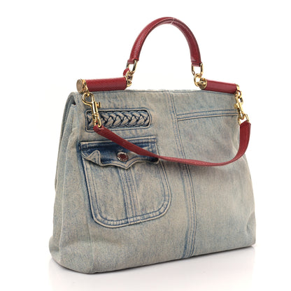 Dolce & Gabbana Crystal Embellished Denim Lizard Miss Sicily Satchel Blue 4 of 9