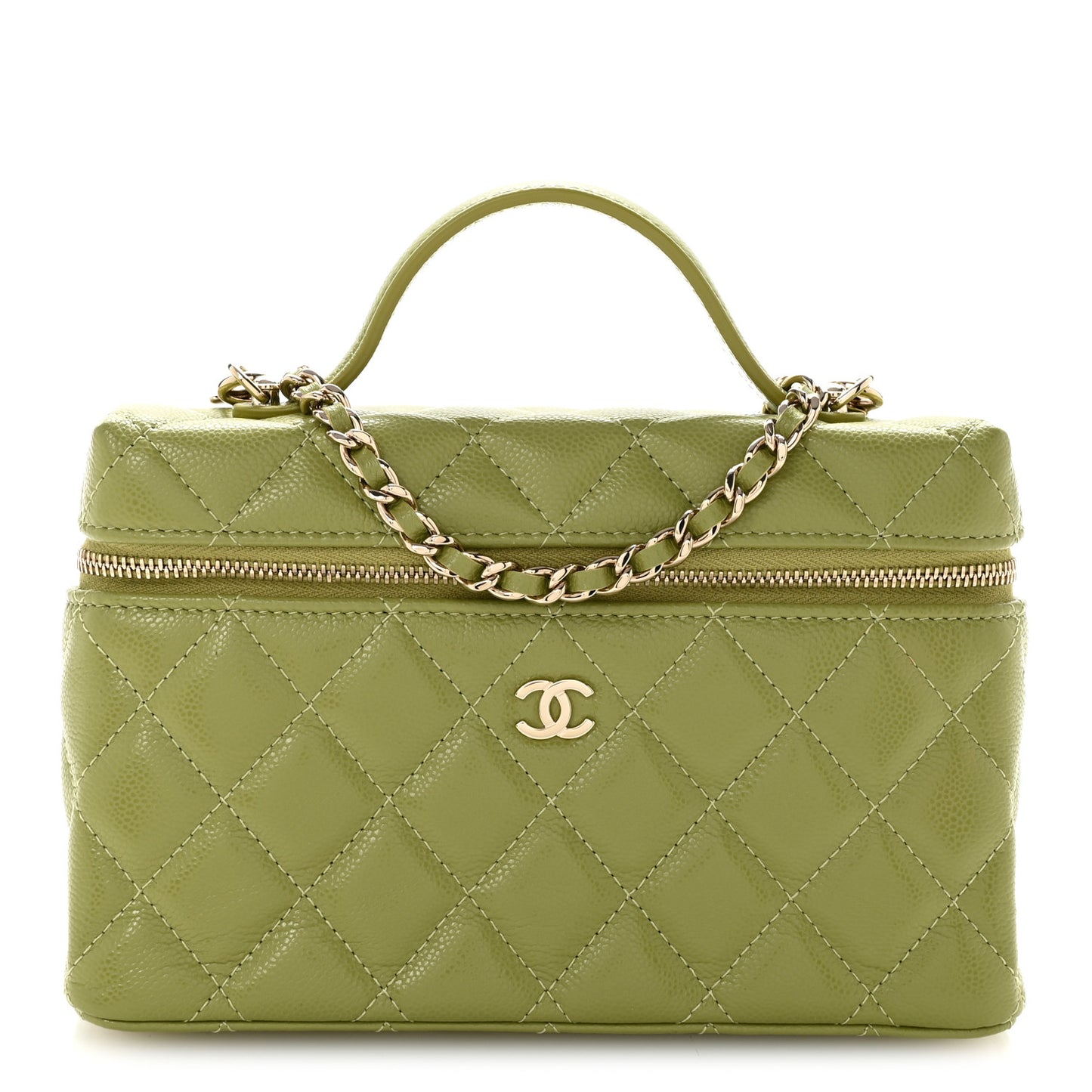 Caviar Quilted Top Handle Slim Vanity With Chain Khaki