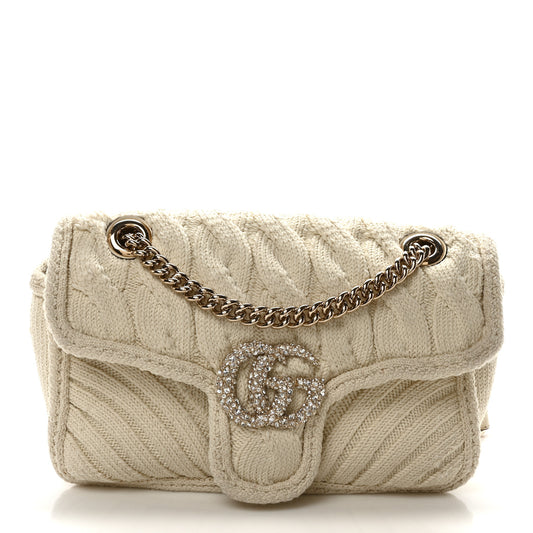 Knitted Wool Crystal Small GG Marmont Shoulder Bag Ivory