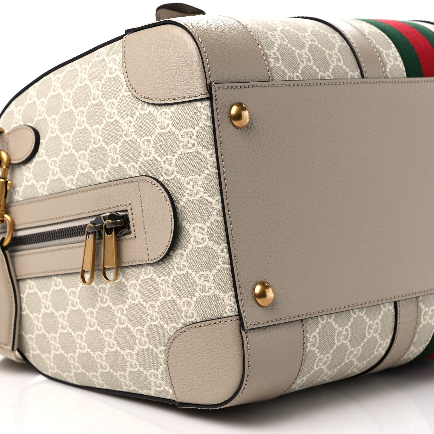 GG Supreme Monogram Textured Dollar Calfskin Web Medium Savoy Duffle Bag Beige Mystic White Oatmeal