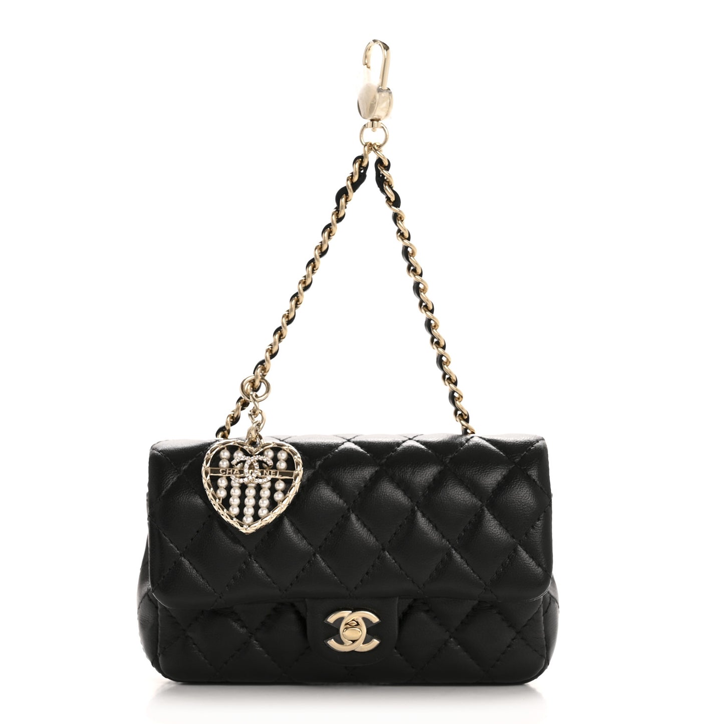 Lambskin Quilted Mini Flap Bag Charm With Hook Black