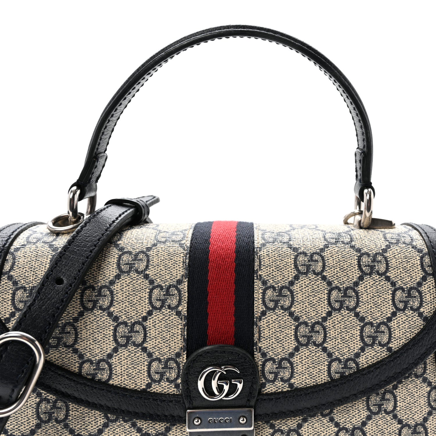 Gucci GG Supreme Monogram Textured Dollar Calfskin Web Small Ophidia Padlock Top Handle Bag Beige Blue 8 of 10