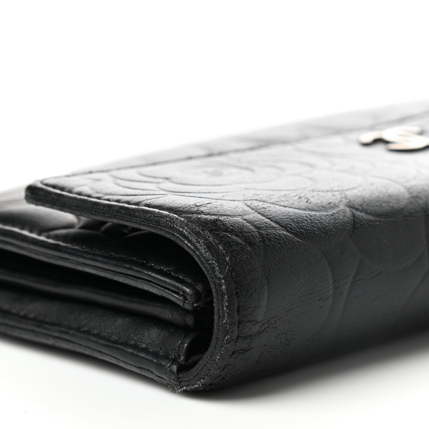 Lambskin Camellia Embossed Flap Wallet Black