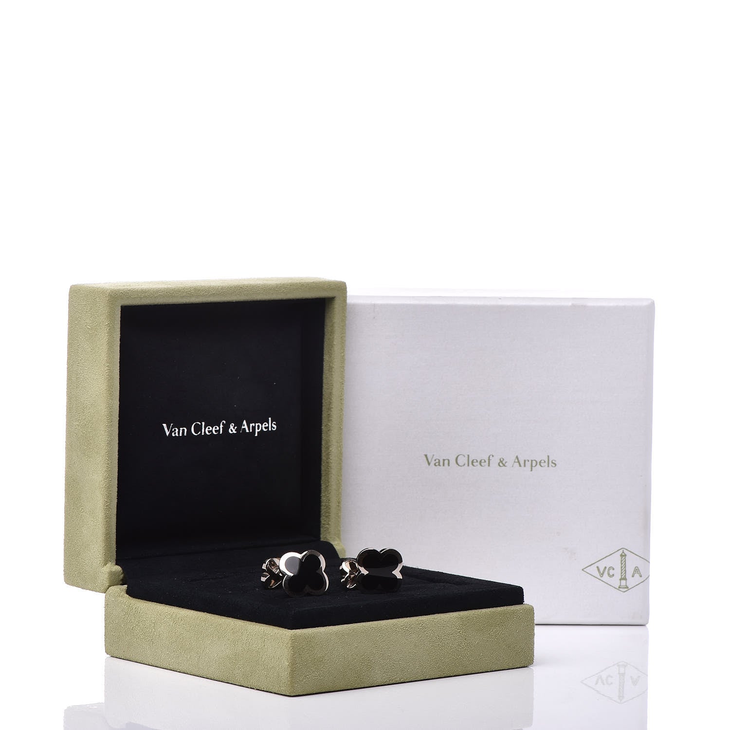 Van Cleef & Arpels 18K White Gold Black Onyx Alhambra Cufflinks 6 of 6