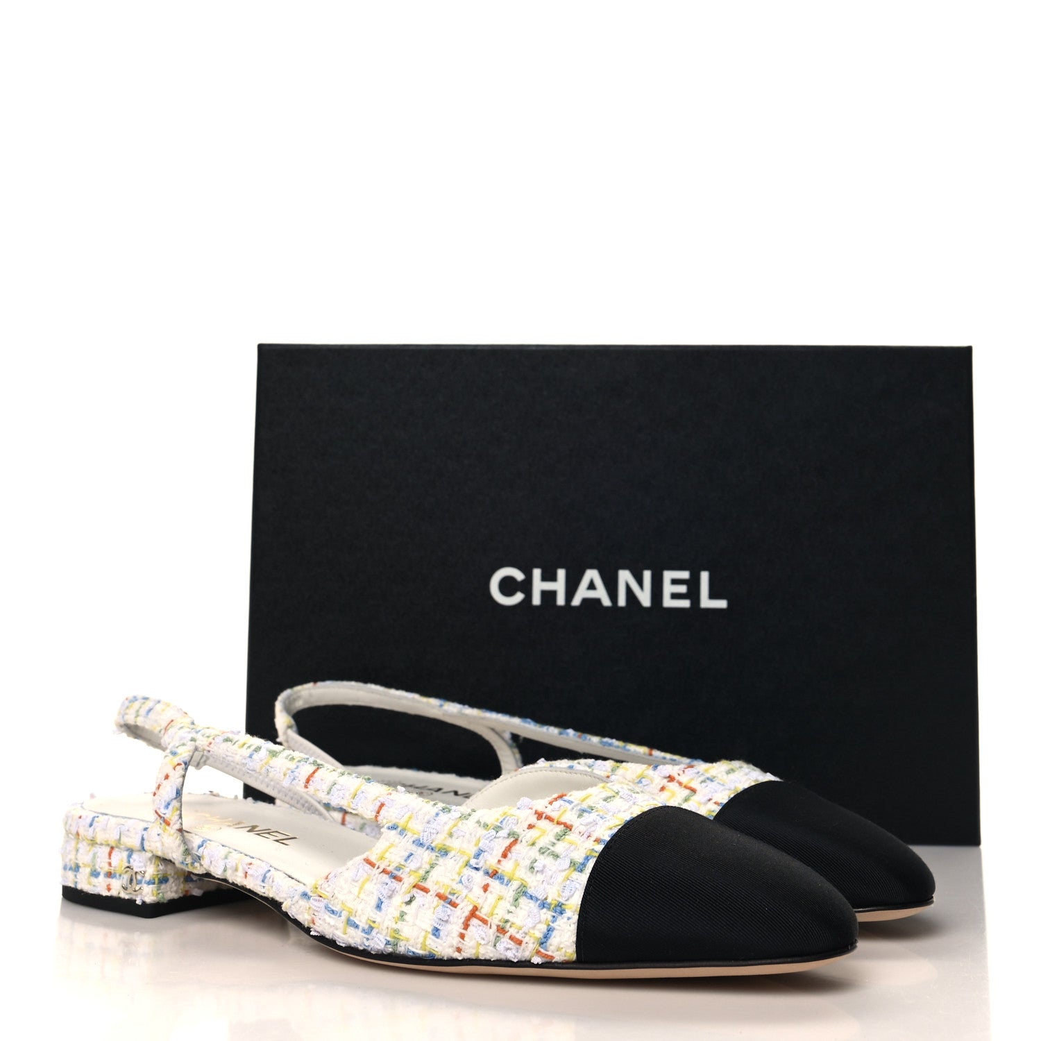 Chanel Tweed Grosgrain Cap Toe CC Slingback Flat 40 White Multicolor 10 of 10
