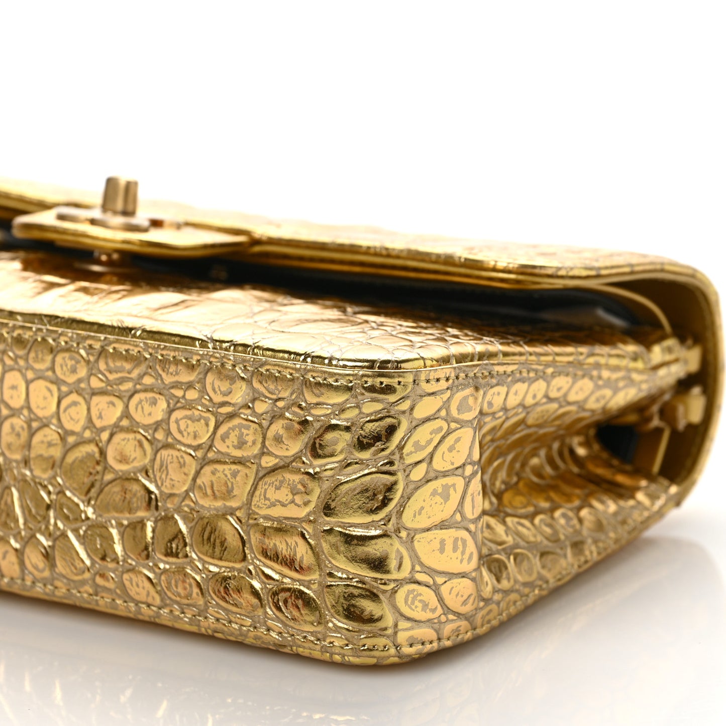 Metallic Calfskin Crocodile Embossed Cocodile Small Double Flap Gold