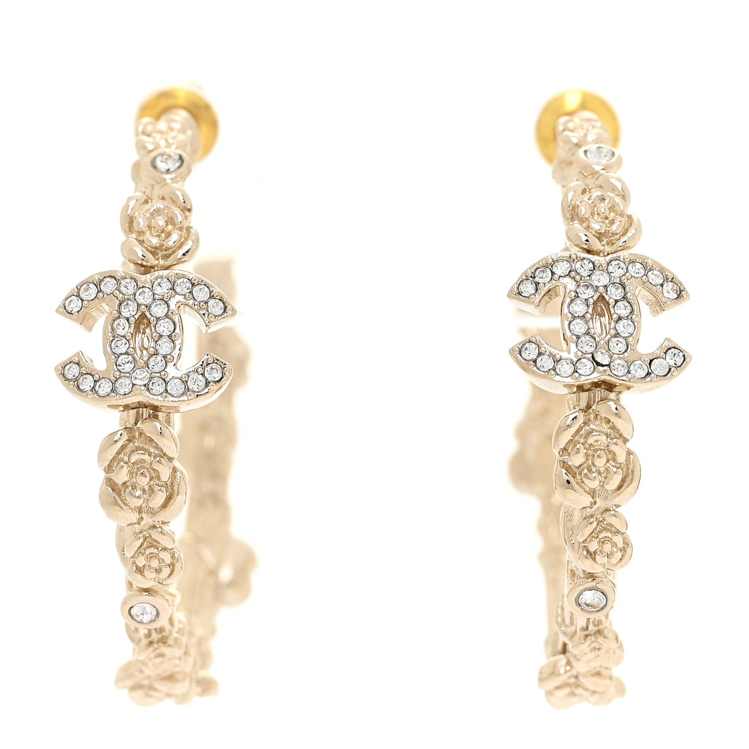 Chanel Crystal Camellia CC Hoop Earrings Gold 1 of 4