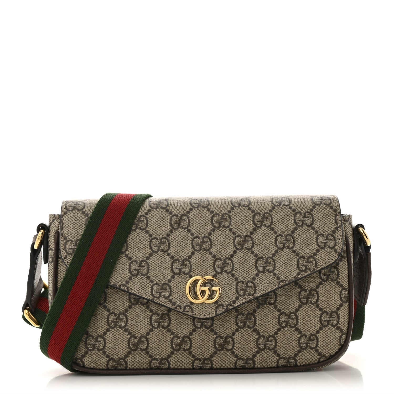 Gucci GG Supreme Monogram Textured Dollar Calfskin Web Mini Ophidia Envelope Shoulder Bag Beige Ebony 1 of 12