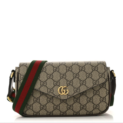 Gucci GG Supreme Monogram Textured Dollar Calfskin Web Mini Ophidia Envelope Shoulder Bag Beige Ebony 1 of 12