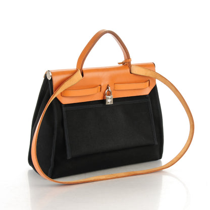 Hermes Toile Vache Calfskin Herbag 30 PM Black Natural 3 of 11