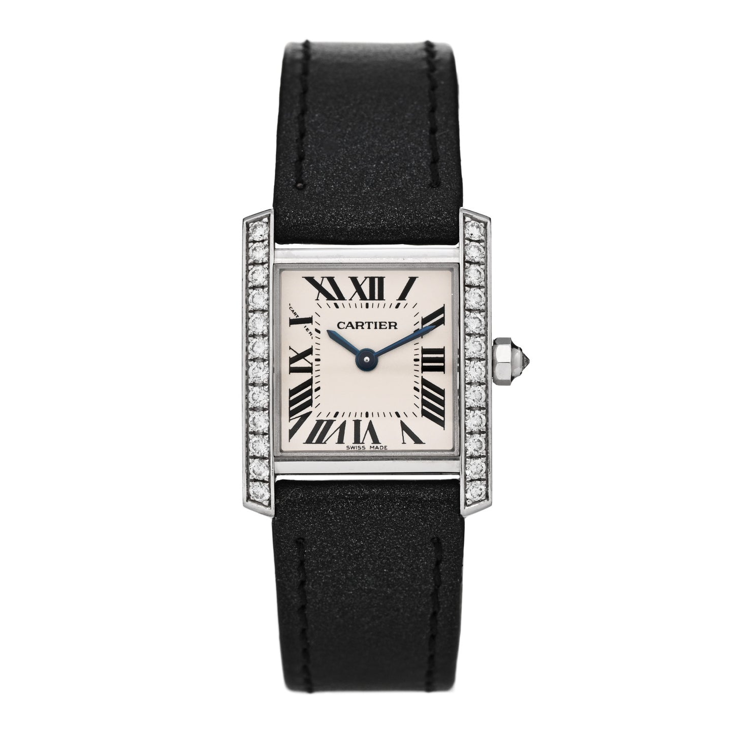 18K White Gold Calfskin Diamond Bezel 20mm Tank Francaise Quartz Watch