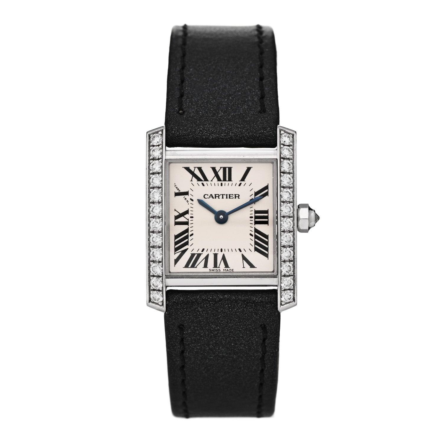 Cartier 18K White Gold Calfskin Diamond Bezel 20mm Tank Francaise Quartz Watch 1 of 5