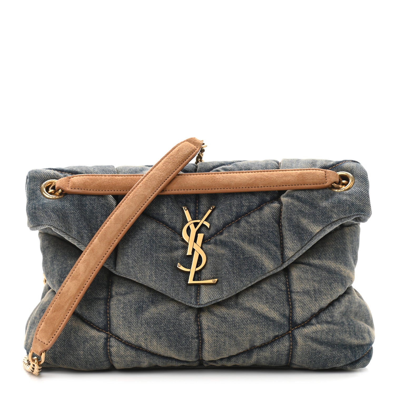 Saint Laurent Denim Quilted Small Loulou Puffer Monogram Chain Satchel Blue Cinnamon 1 of 10
