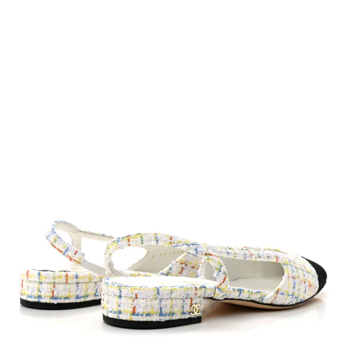 Chanel Tweed Grosgrain Cap Toe CC Slingback Flat 38 White Multicolor 5 of 10