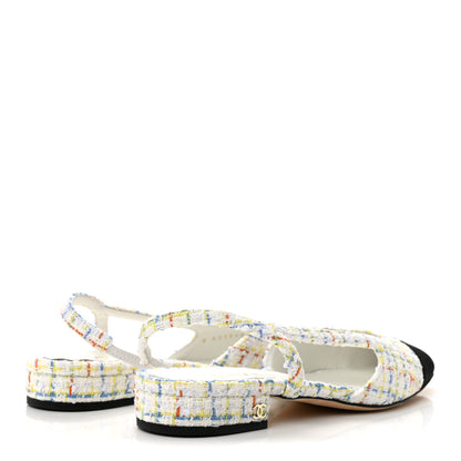 Chanel Tweed Grosgrain Cap Toe CC Slingback Flat 38 White Multicolor 5 of 10