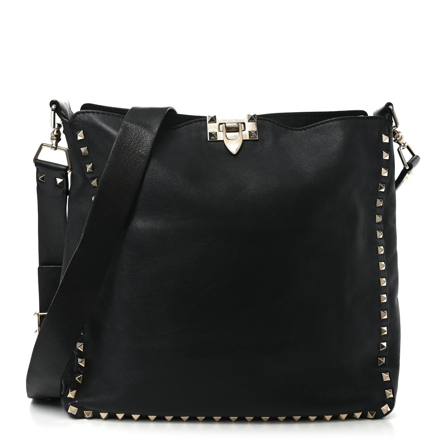 Vitello Calfskin Small Rockstud Flip-Lock Messenger Bag Black