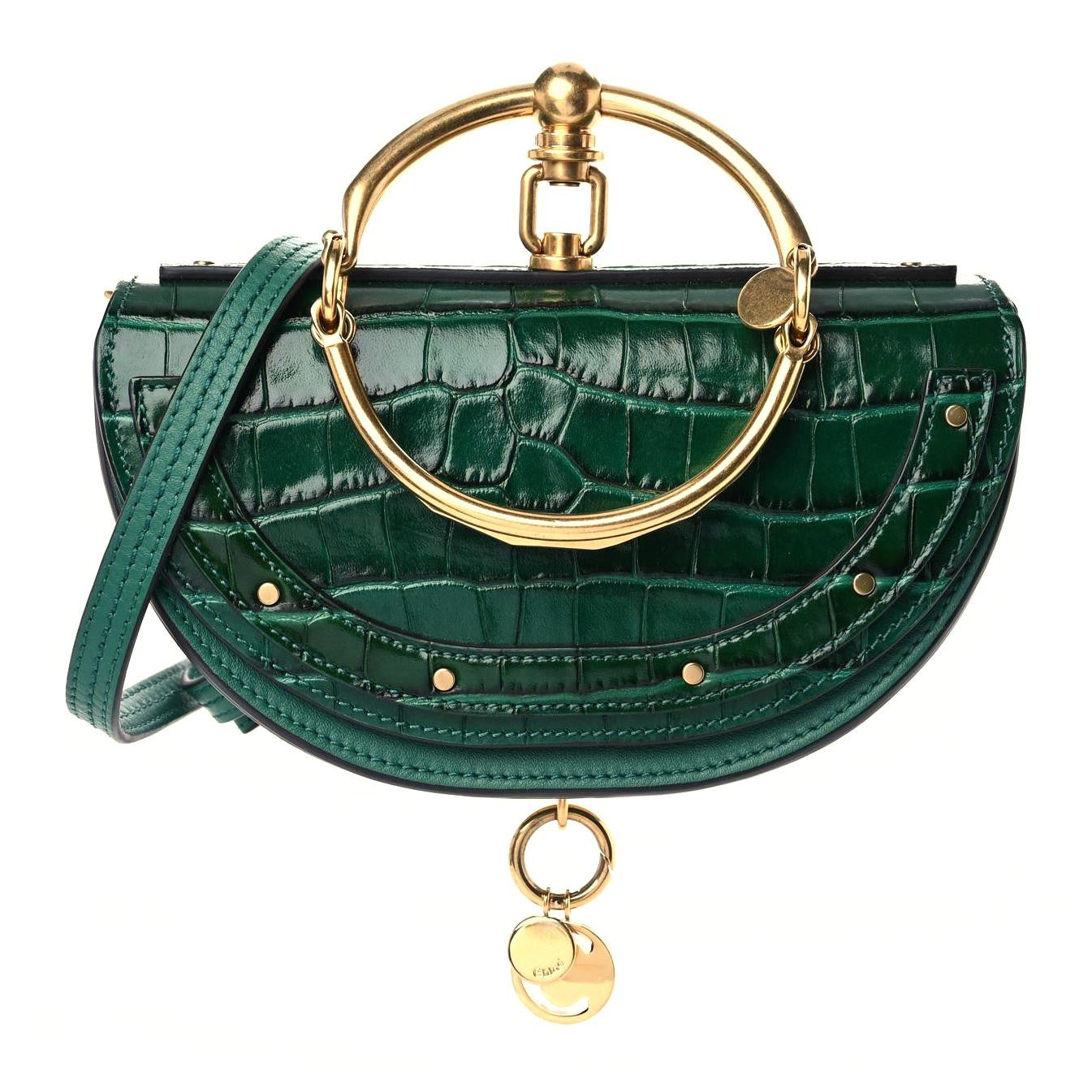 Calfskin Crocodile Embossed Small Nile Bracelet Minaudiere Bag Woodsy Green