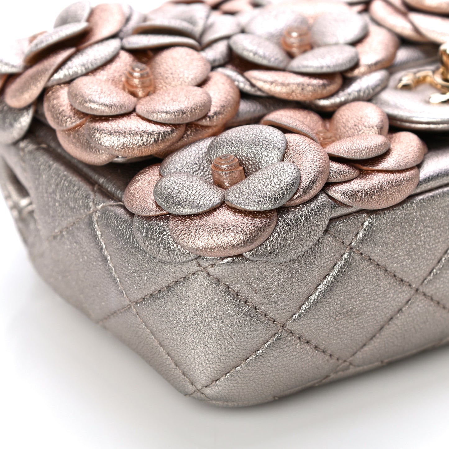 Metallic Lambskin Quilted Mini Camellia Flap Silver Gold