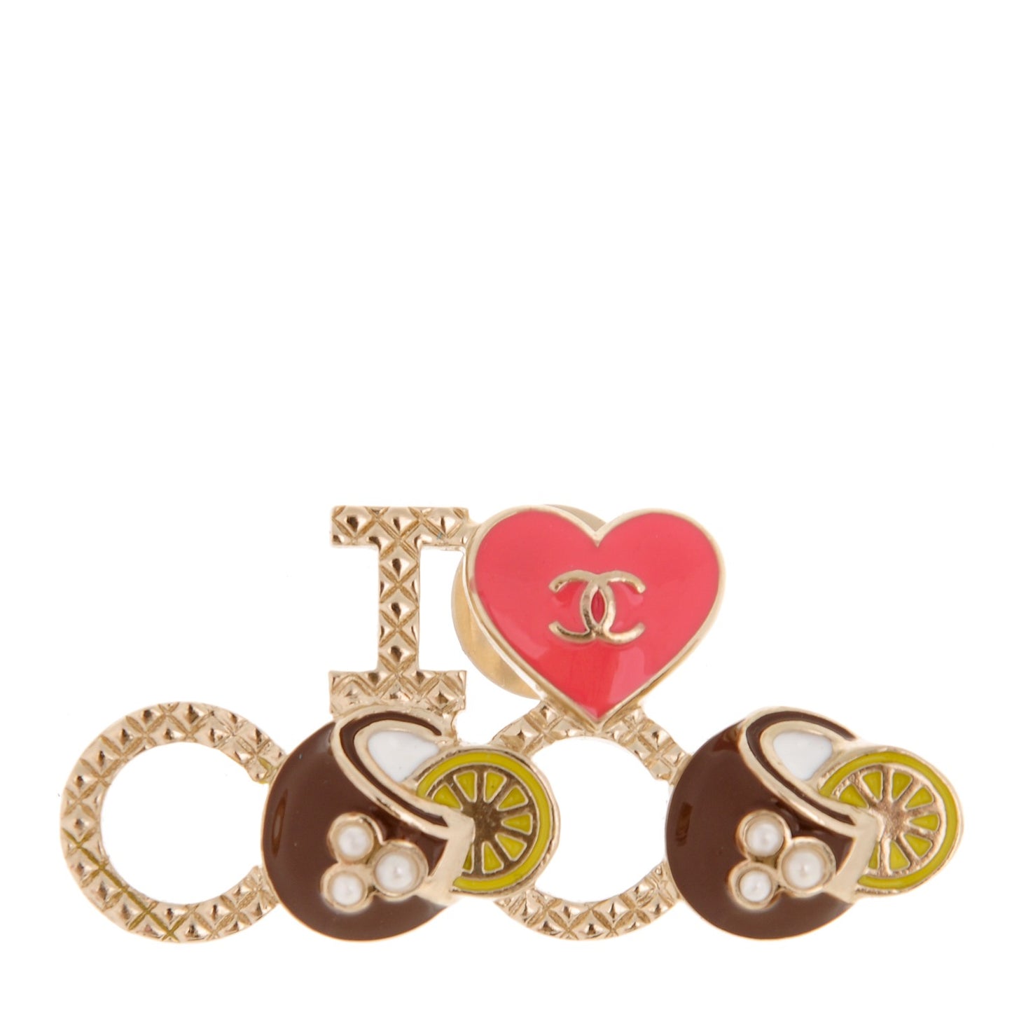 Metal Resin Pearl I Love Coco Brooch Gold Brown Pink