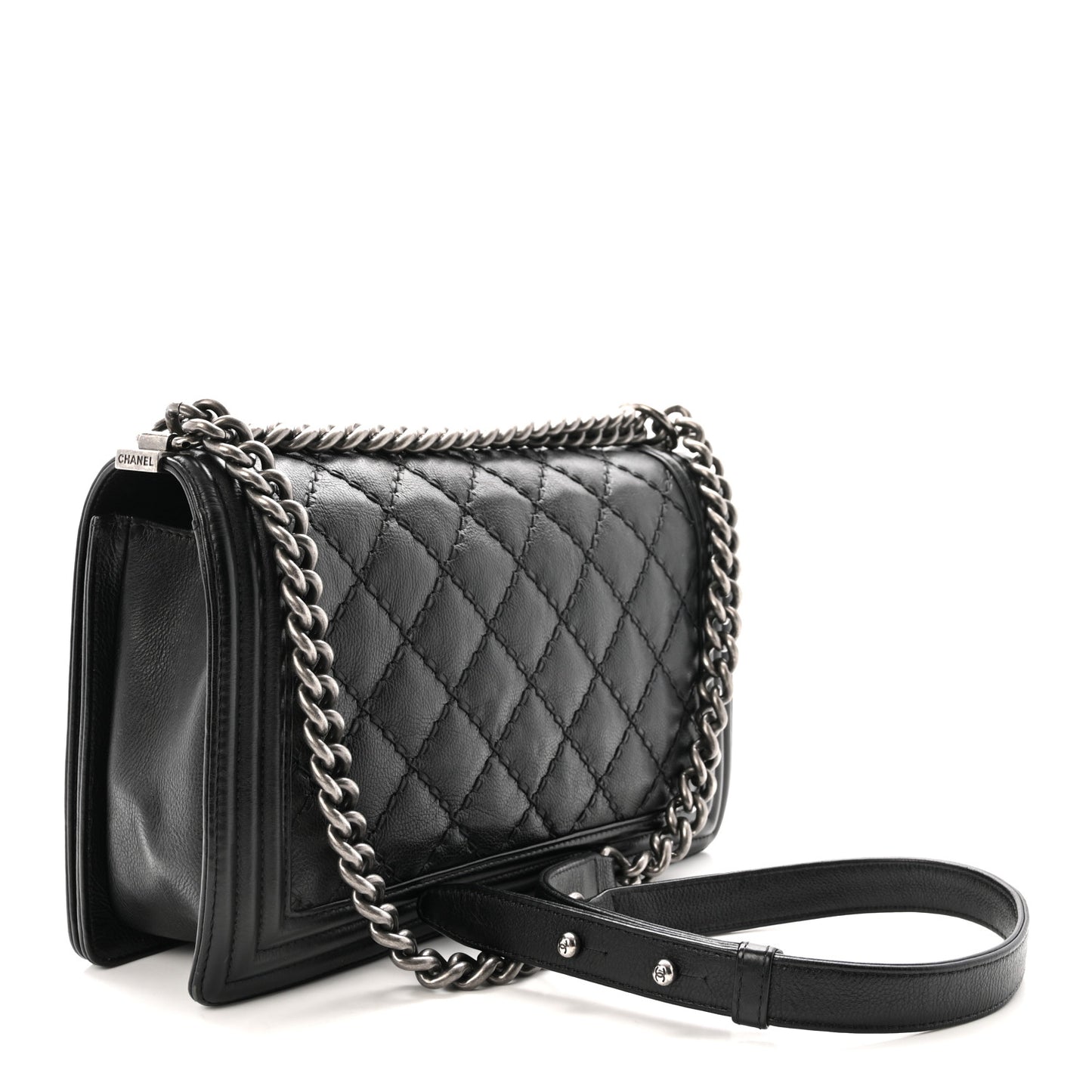 Calfskin Quilted Double Stitch New Medium Boy Flap Black