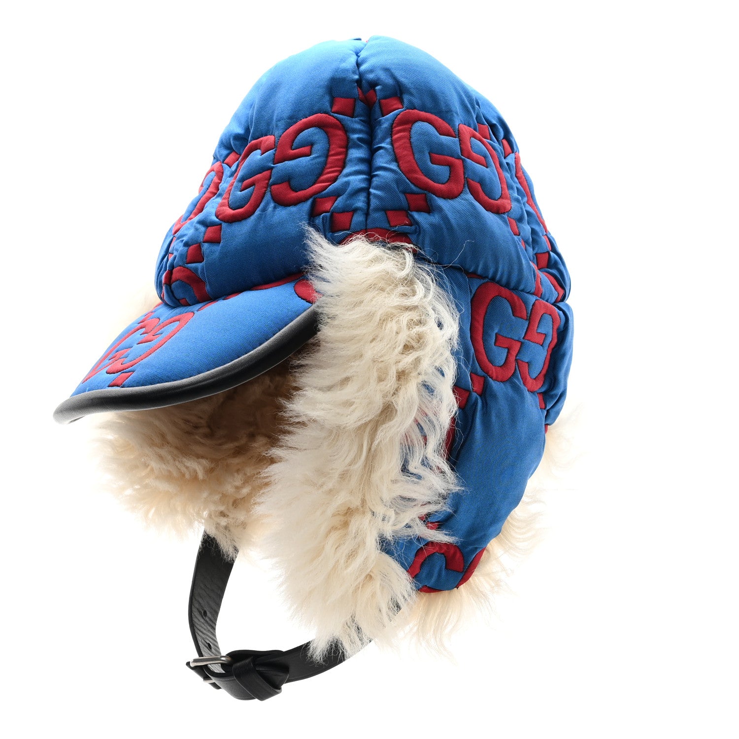 Gucci Nylon Shearling Padded GG Print Cap Hat S Blue Red 1740585