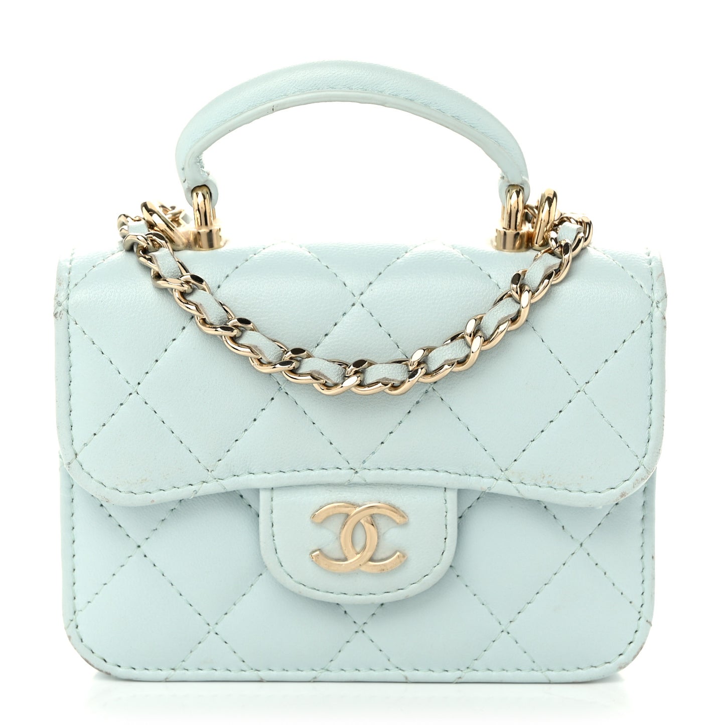 Lambskin Quilted Top Handle Flap Coin Purse With Chain Light Blue