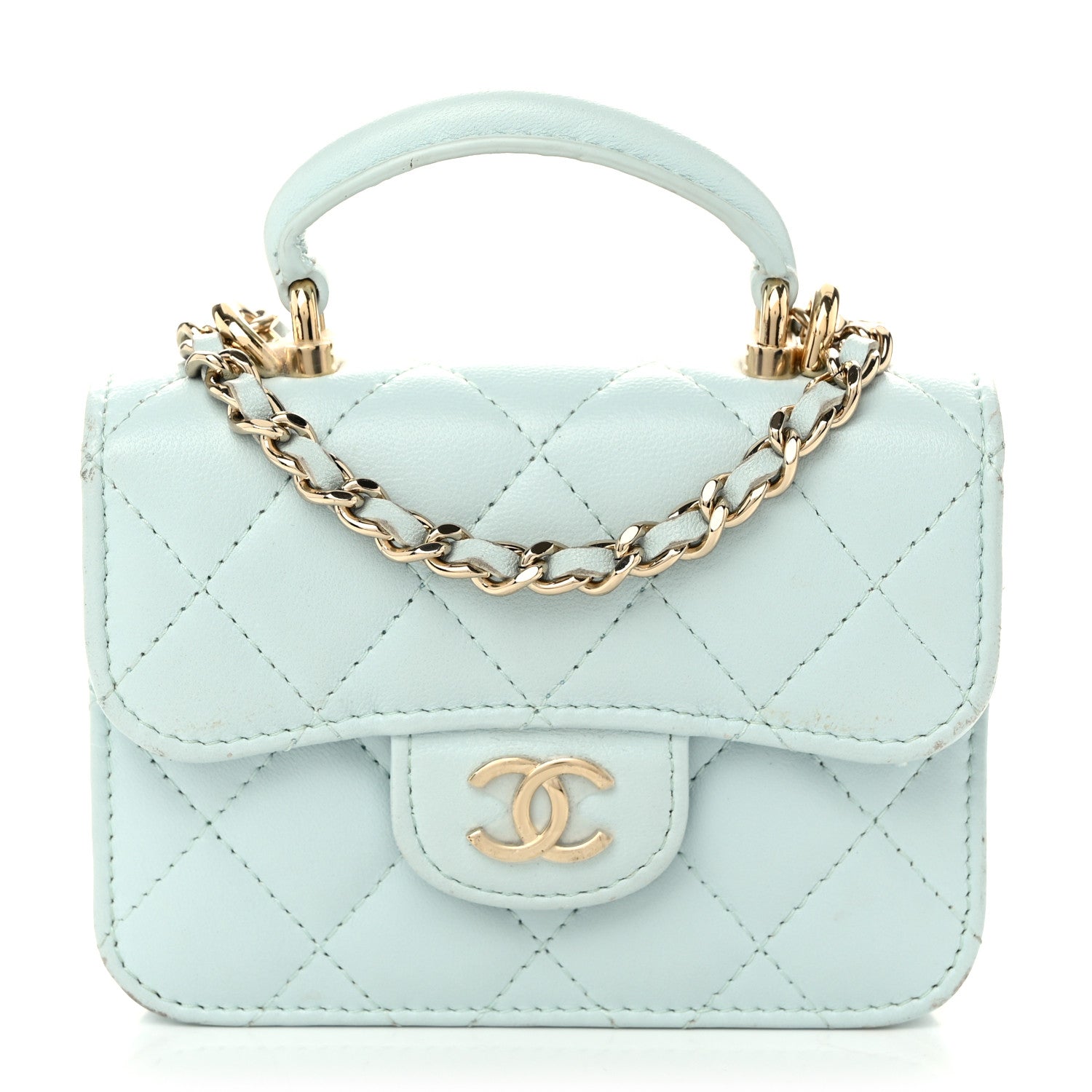 Chanel Lambskin Quilted Top Handle Flap Coin Purse With Chain Light Blue 1 of 15