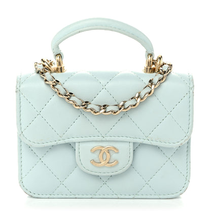 Chanel Lambskin Quilted Top Handle Flap Coin Purse With Chain Light Blue 1 of 15