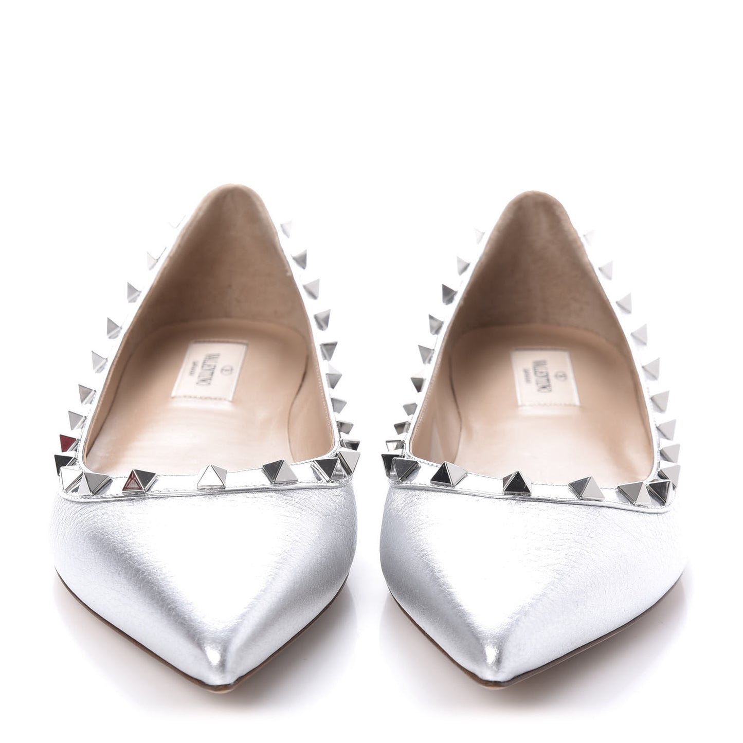 Metallic Pebbled Calfskin Rockstud Ballerina Flats 39 Silver