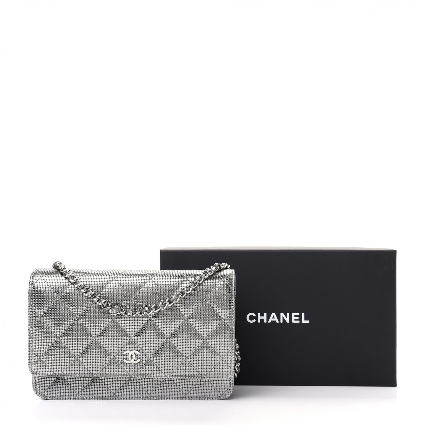 Metallic Calfskin Quilted Pixel Effect Wallet on Chain WOC Silver