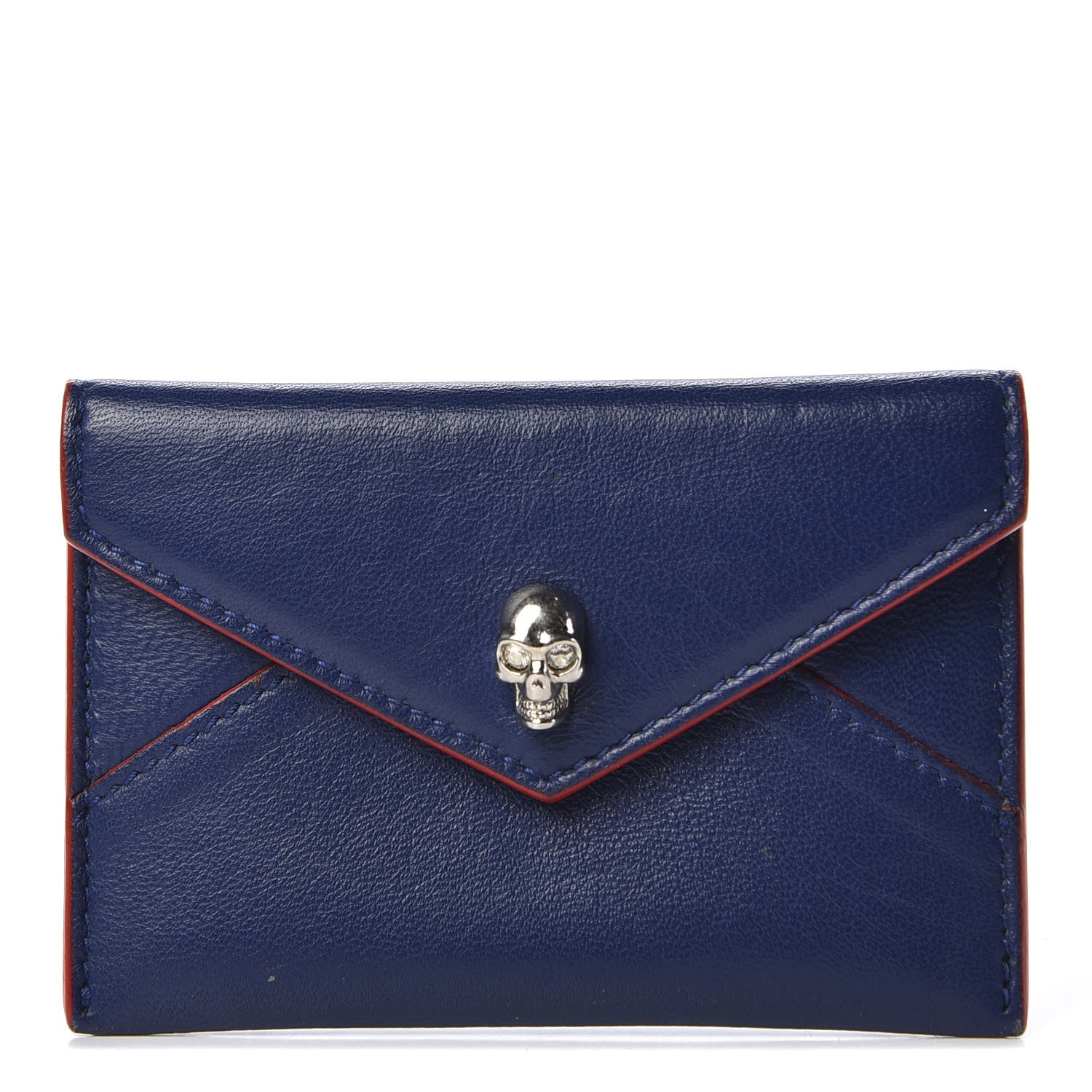 Alexander McQueen Calfskin Skull Envelope Card Holder Blue Red 1 of 7