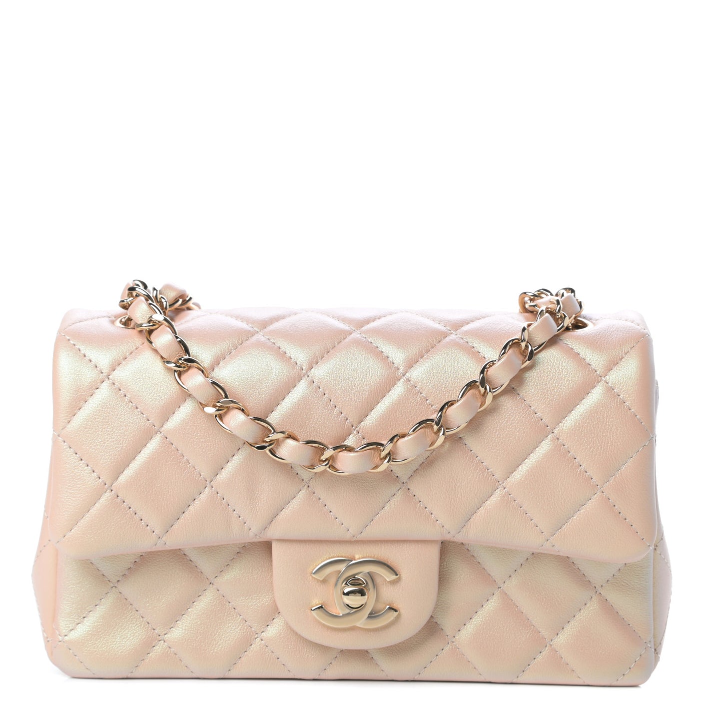 Iridescent Calfskin Quilted Mini Rectangular Flap Beige